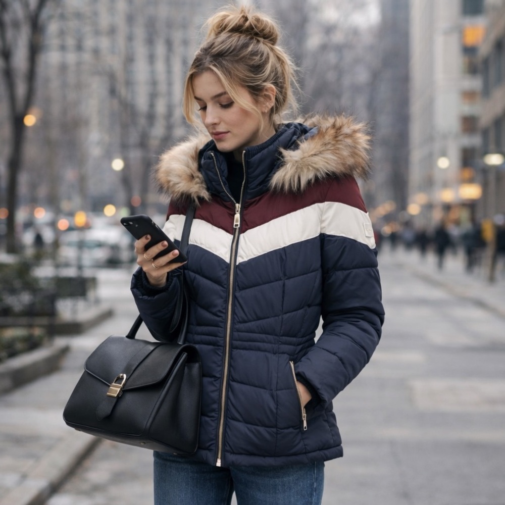 Chevron Colorblock Puffer Jacket with Faux Fur Trim Hood - Picture 2 of 15
